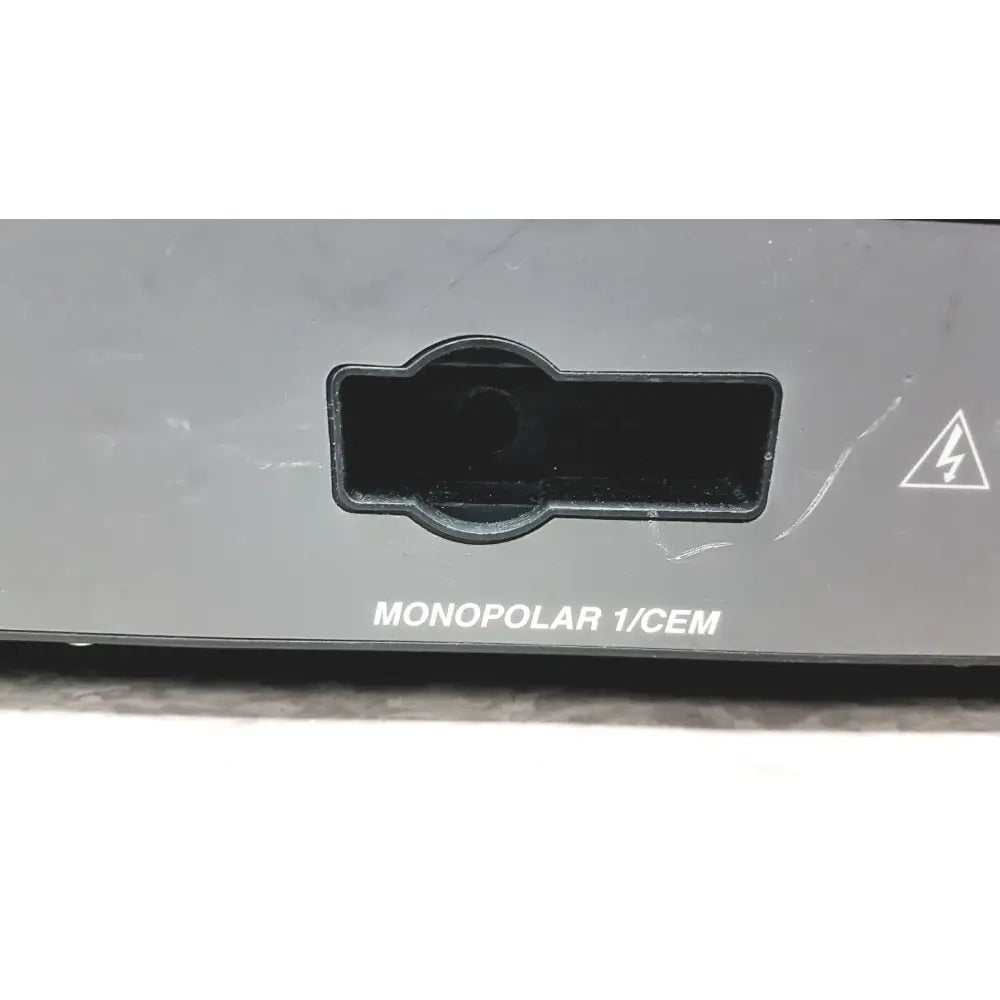Gray valleylab force electrosurgical unit back side with black monopolar port and foot pedal connection panel