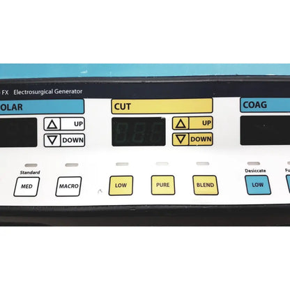 White control panel of valleylab force fx-c electrosurgical unit with yellow and blue labeled buttons and foot pedal functions