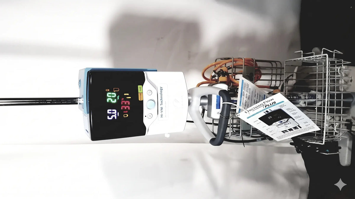 White and blue Vapotherm HI-VN1 technology precision flow plus medical monitor displaying vital signs on digital screen