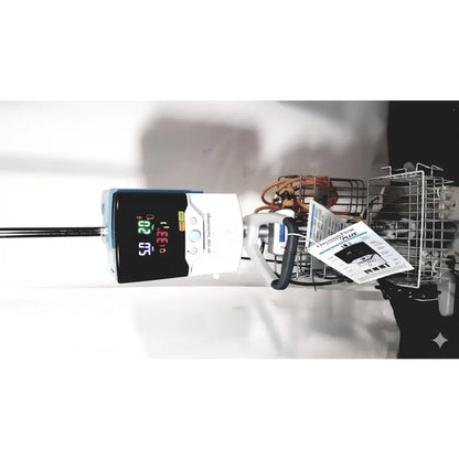White and blue Vapotherm HI-VN1 technology precision flow plus medical monitor displaying vital signs on digital screen