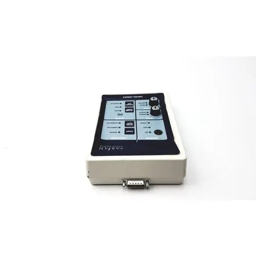 Beige rectangular varian control console gm11019270 with black control panel, labeled buttons, rotary knobs, and varian branding