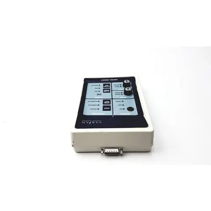 Beige rectangular varian control console gm11019270 with black control panel, labeled buttons, rotary knobs, and varian branding