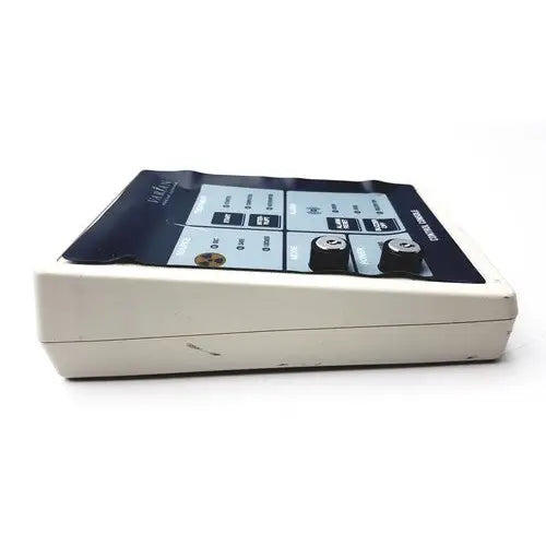 White plastic varian control console gm11019270 with black control panel featuring labeled buttons and two rotary knobs