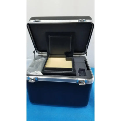 Black hard-shell carrying case with silver latches and molded interior for verathon bladderscan tissue equivalent bladder phantom