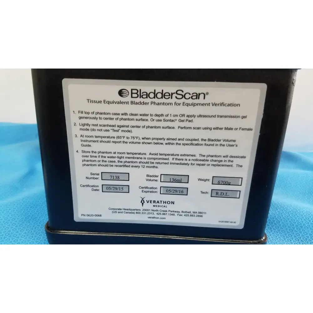 Black rectangular verathon bladderscan tissue equivalent bladder phantom for equipment verification use