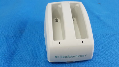 White plastic verathon bladderscan battery charger with two battery slots and logo compatible verathon bladderscan