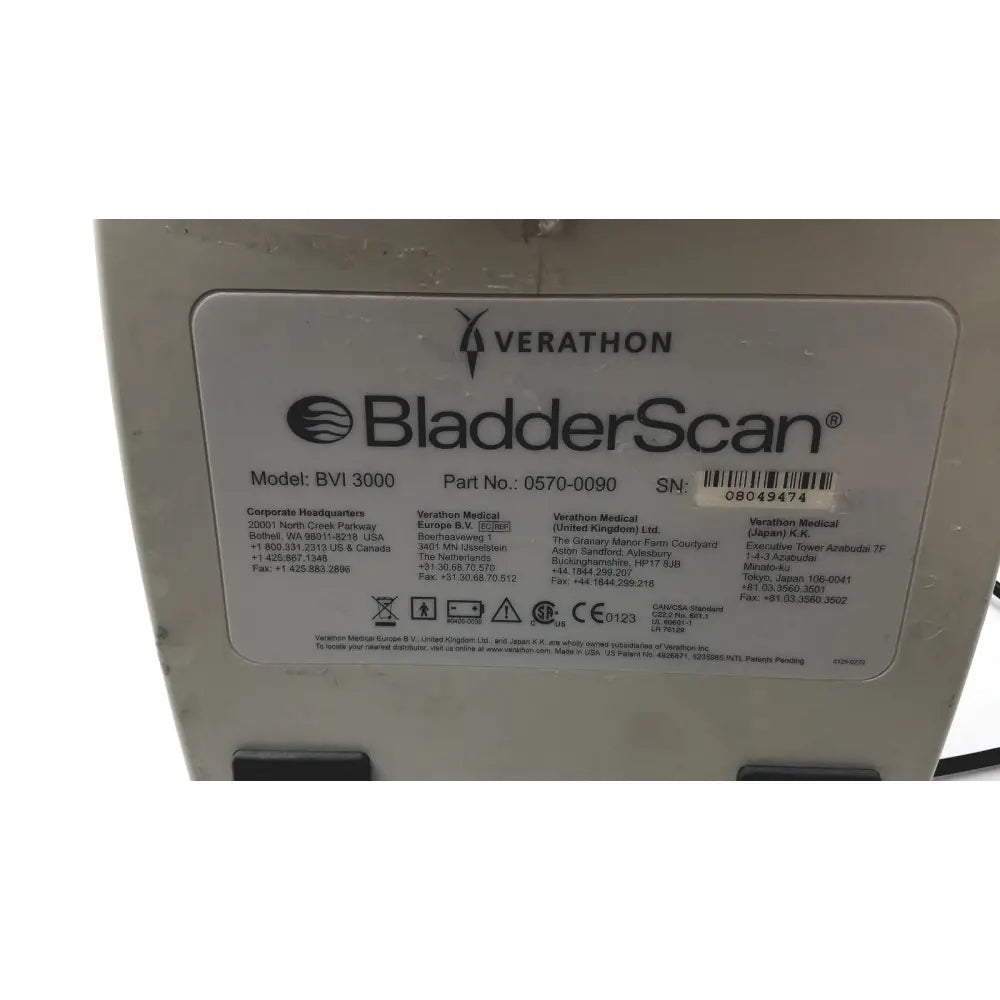 Verathon bladderscan bvi 3000 medical device with white label displaying model part number and serial number details