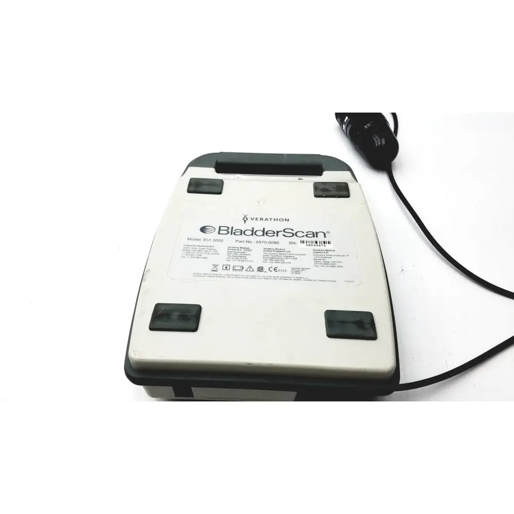 Verathon bladderscan bvi 3000 medical device with white and black casing showing four black buttons on the underside