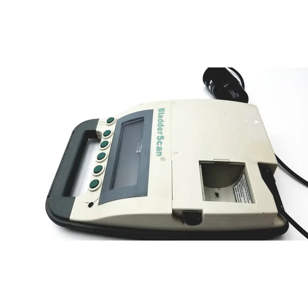Beige and black Verathon BladderScan BVI 3000 bladder device with rectangular screen, green buttons, and open compartment for reuse medical use