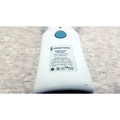 White verathon bladderscan bvi 6100 handheld bladder scanner with teal button and labeled specifications on device surface