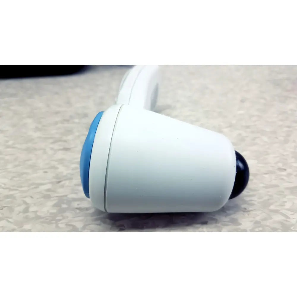 Verathon bladderscan bvi handheld bladder scanner featuring a white and blue massage roller with black spherical end