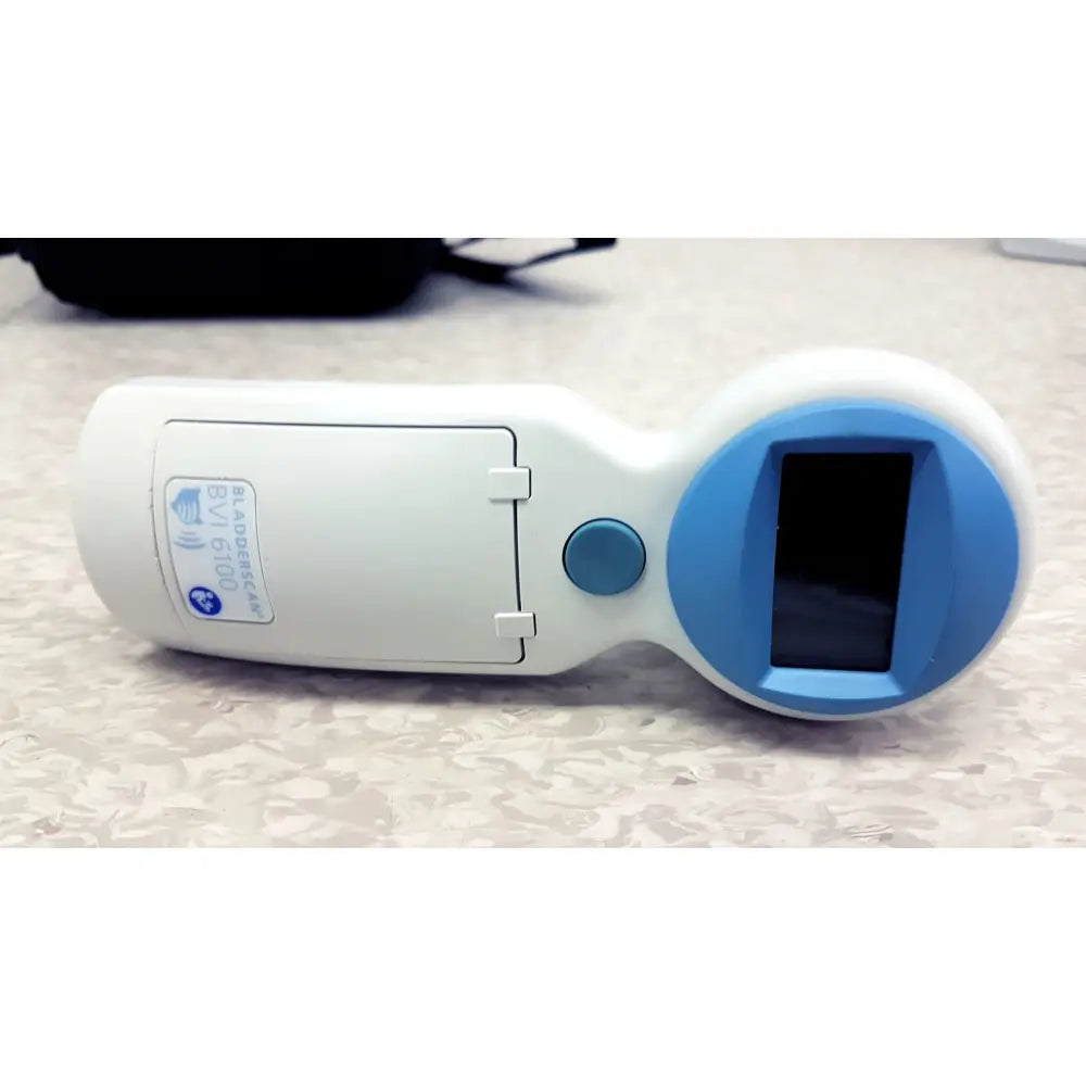 White and blue verathon bladderscan bvi 6100 handheld bladder scanner with non-contact infrared thermometer and digital display