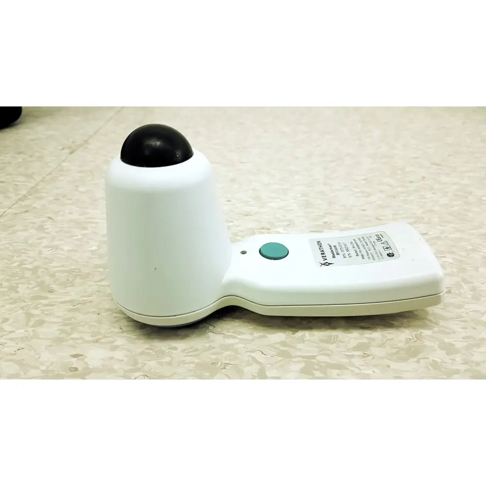 White handheld verathon bladderscan bvi 6100 bladder scanner with black spherical top teal button and side label