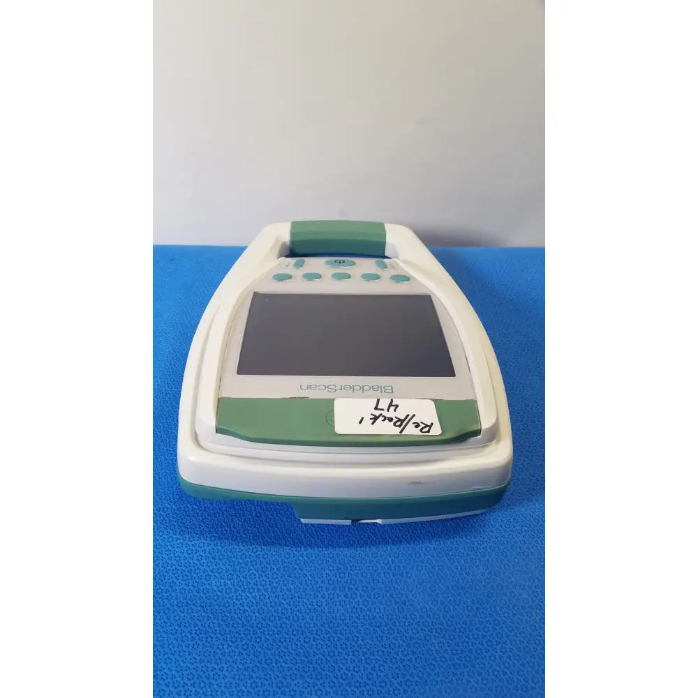 Verathon bladderscan bvi 9400 portable bladder scanner in green and white with rectangular screen and teal buttons