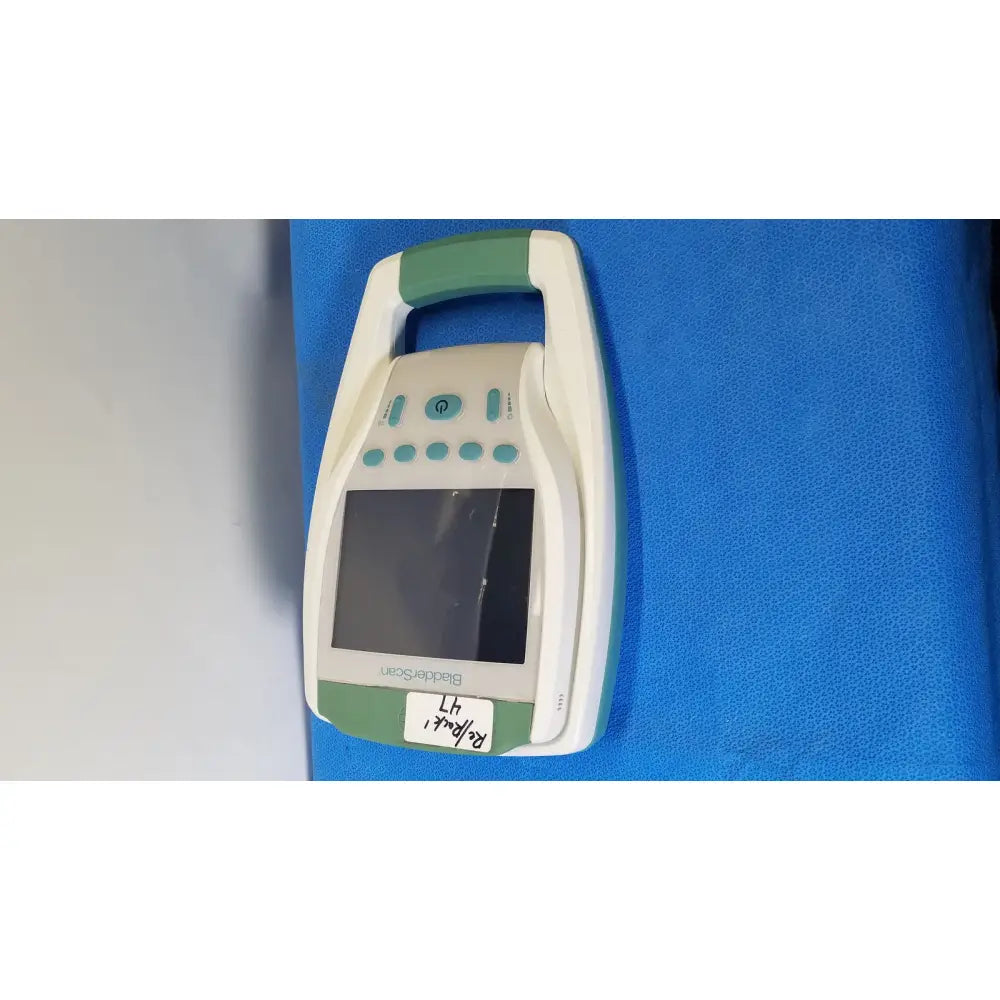 Verathon BladderScan BVI 9400 portable bladder scanner with white and green casing and touchscreen display labeled baxter scan