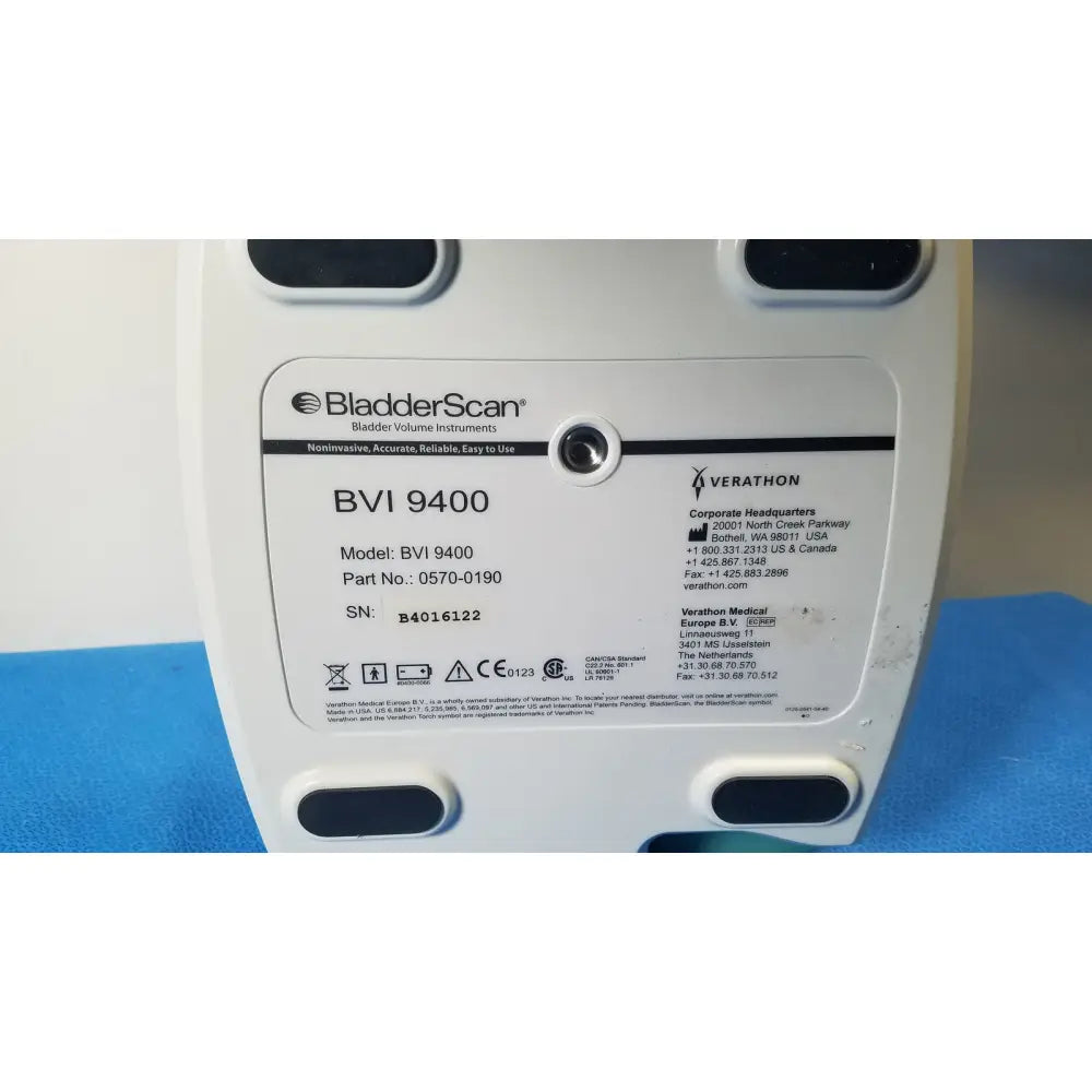 White verathon BladderScan BVI 9400 portable bladder scanner with black accents and model and serial number label