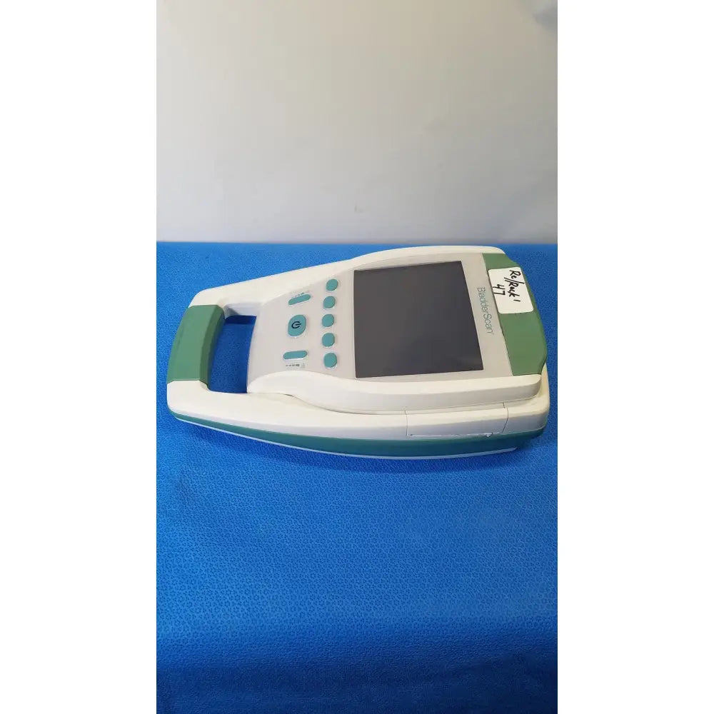 White and green verathon bladderscan bvi 9400 portable bladder scanner with screen buttons and handle for medical use