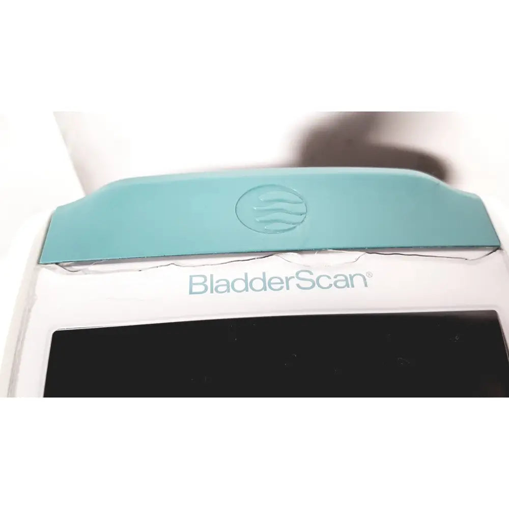 Teal and white verathon bladderscan bvi 9600 bladder scanner with sleek rounded top panel and embossed logo on rolling stand