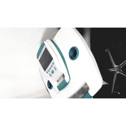White and teal verathon bladderscan bvi 9600 bladder scanner with screen buttons circular ports on rolling stand