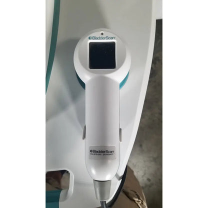 White and teal verathon bladderscan stand handheld ultrasound device with square screen and silver tip for bladder scanning