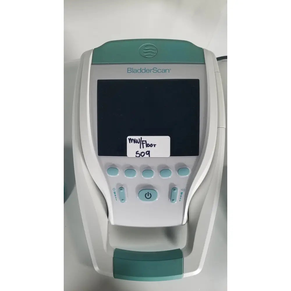 Teal and white Verathon BladderScan stand with probe featuring a digital screen and control buttons for bladder scanning