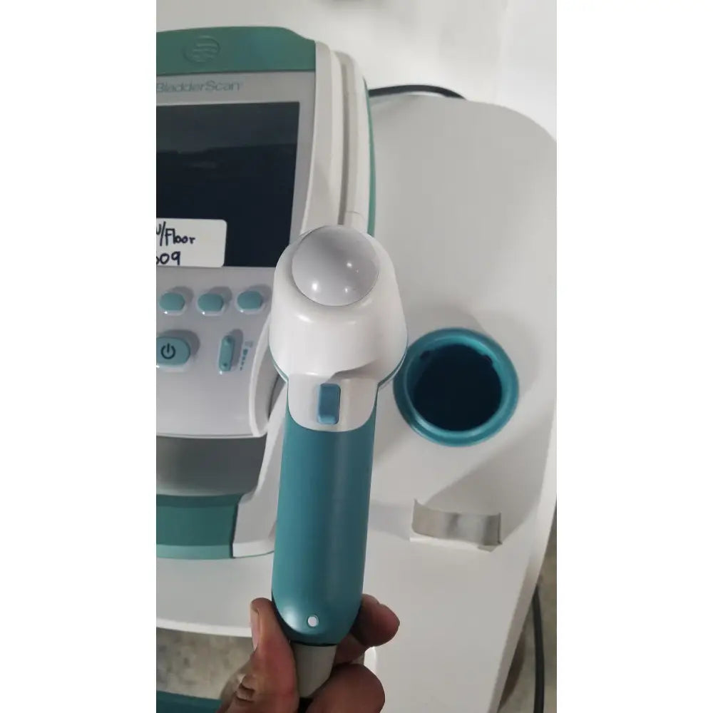 Teal and white handheld diagnostic probe with rounded tip for verathon bladderscan stand 0570-0351 reuse medical device