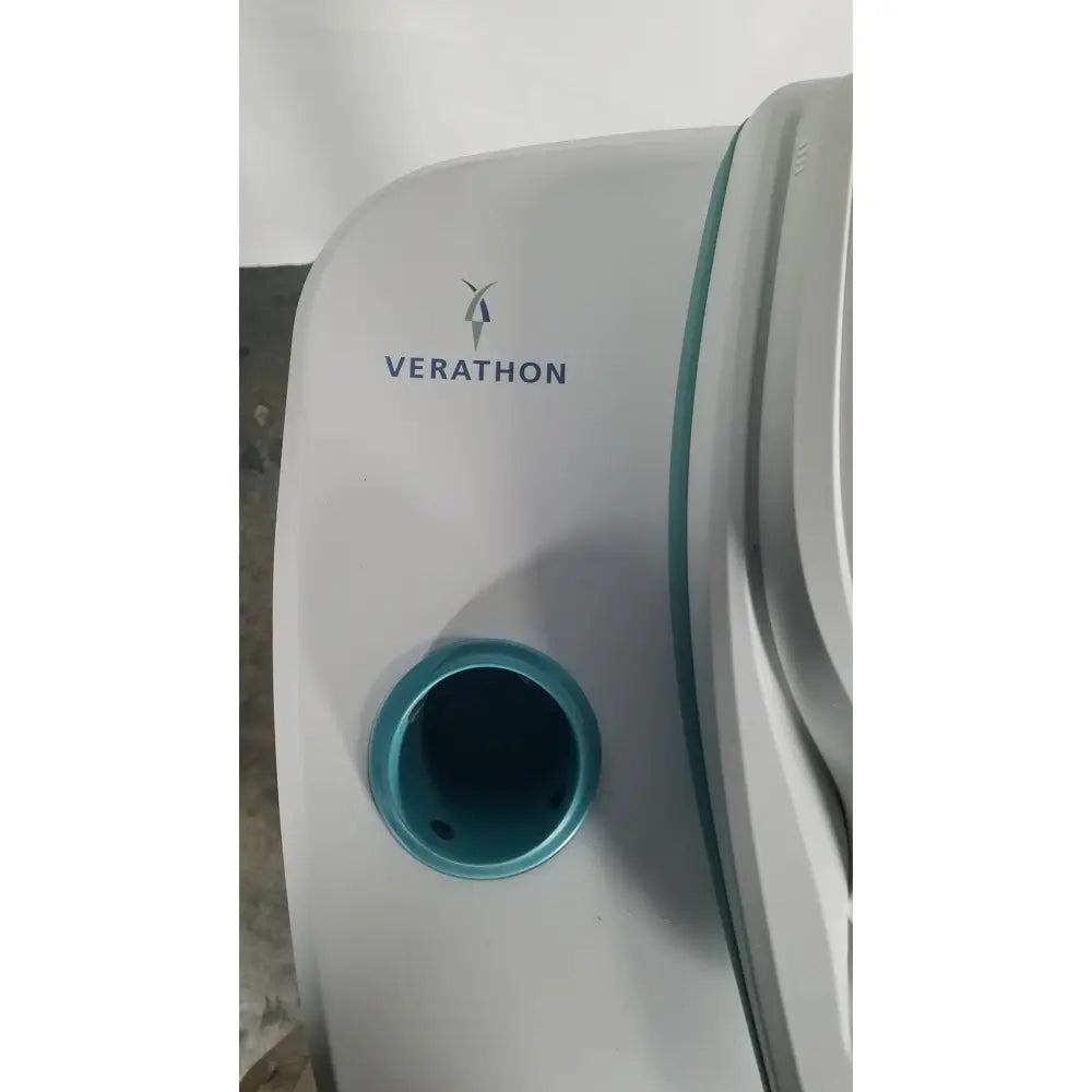 White verathon bladderscan stand with teal circular opening and ribbed side panel for reuse medical probe 0570-0351