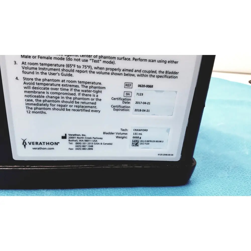 Black verathon bladderscan tissue equivalent bladder phantom made of plastic with white text and qr code visible