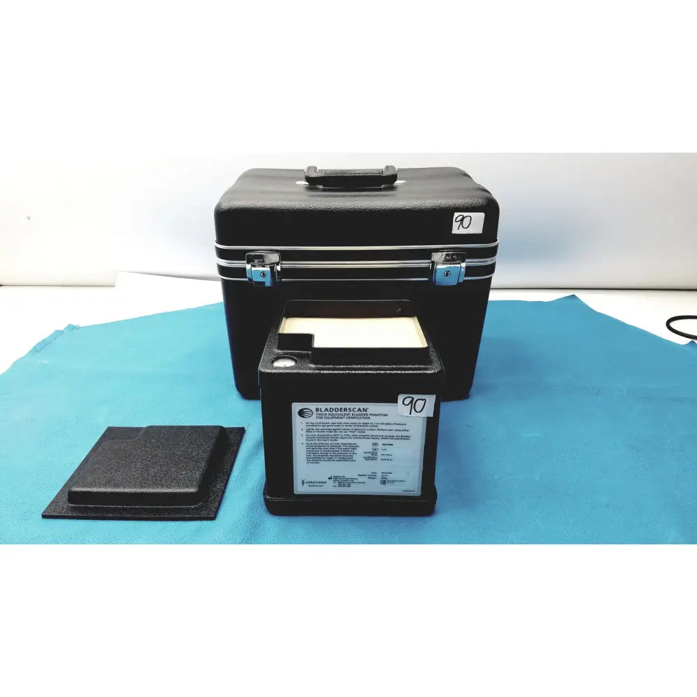 Black verathon bladderscan tissue equivalent bladder phantom device with silver trim and blue latches in hard case