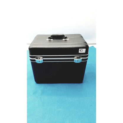 Black hard-shell cosmetic case with silver trim and light blue latches for verathon bladderscan tissue equivalent phantom