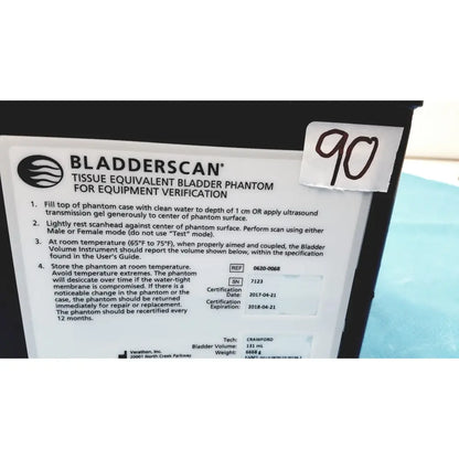 Black verathon bladderscan tissue equivalent bladder phantom with label for equipment verification and specifications