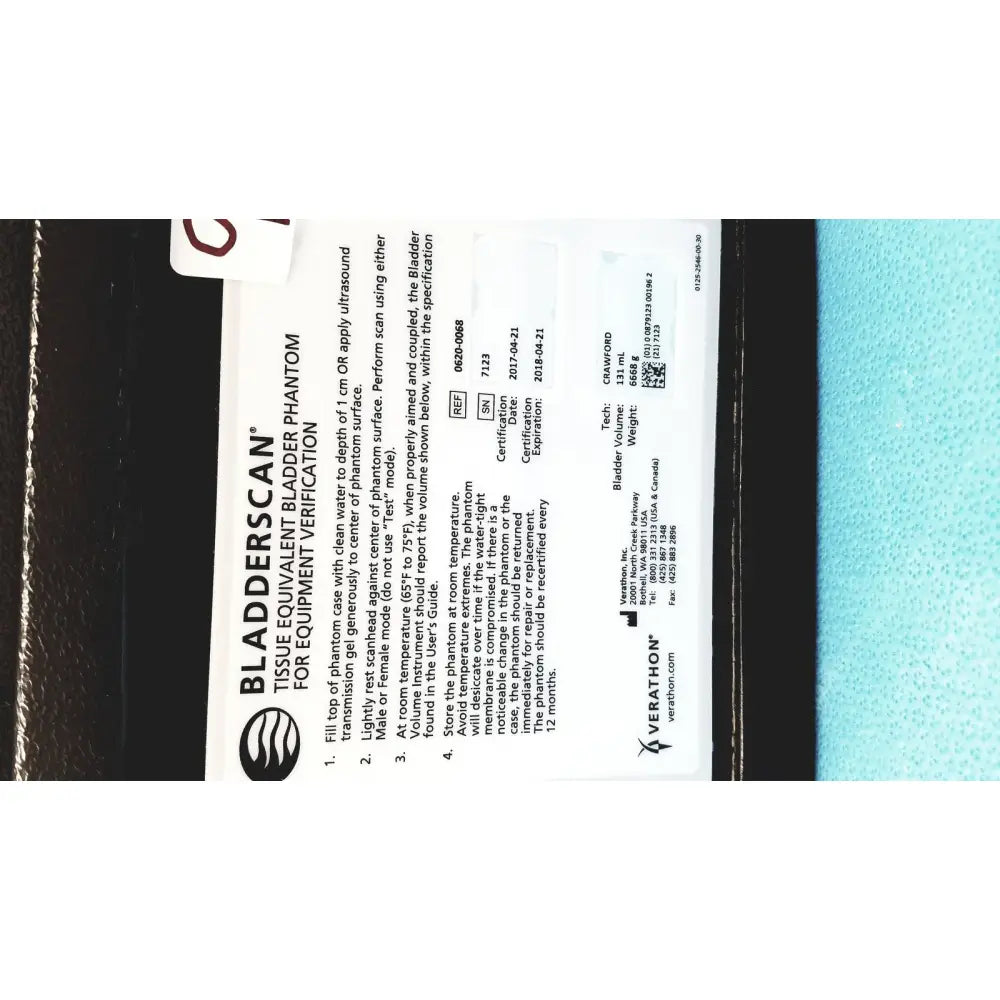 Verathon bladderscan tissue equivalent bladder phantom with white labeling and black text for medical calibration