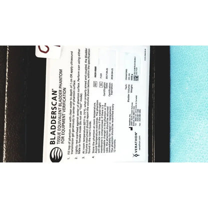 Verathon bladderscan tissue equivalent bladder phantom with white labeling and black text for medical calibration