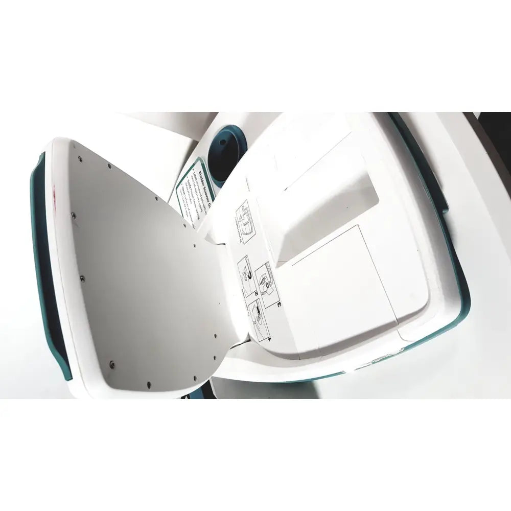 White and teal plastic verathon bvi 9400 bladder scan ultrasound scanner with hinged lid and instructional diagrams