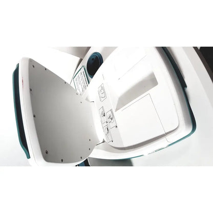 White and teal plastic verathon bvi 9400 bladder scan ultrasound scanner with hinged lid and instructional diagrams