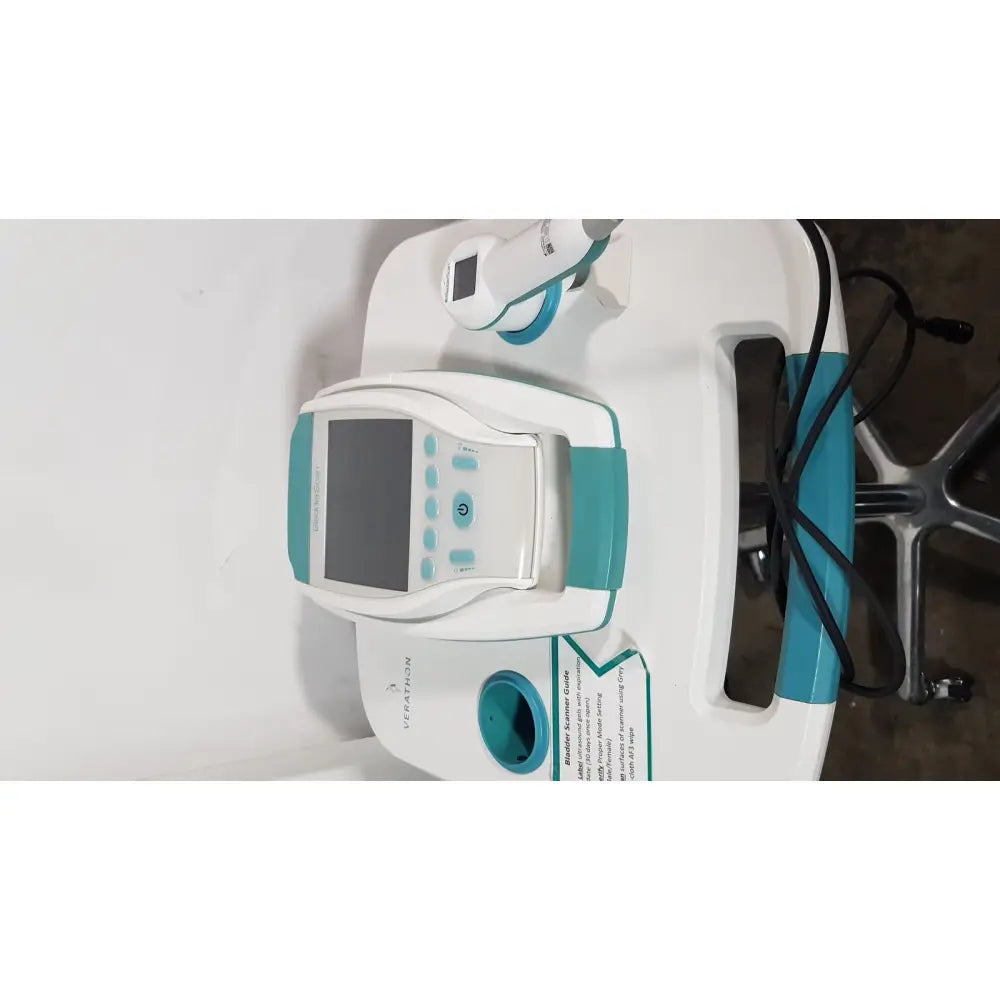 White and teal verathon bvi 9400 bladder scan ultrasound scanner with digital screen probe and rolling stand cart