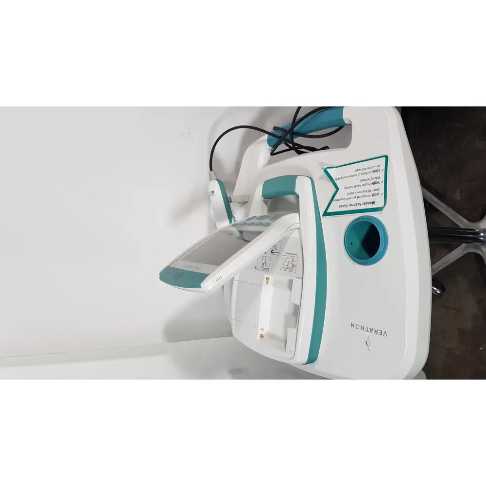 White and teal verathon bvi 9400 bladder scan ultrasound scanner with digital display handle and attached cables