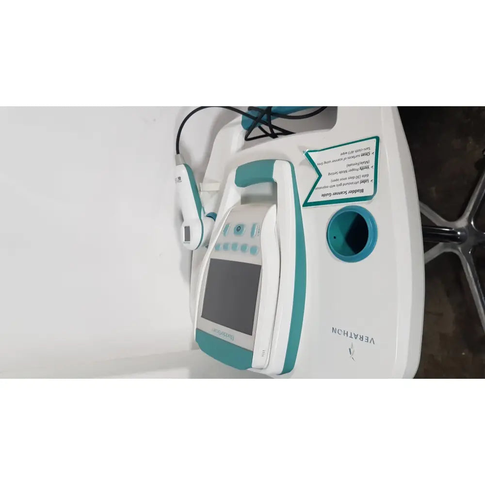 Teal and white verathon bvi 9400 bladder scan ultrasound scanner with screen control buttons and attached probe