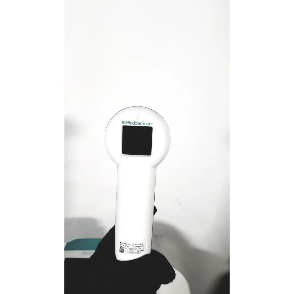 White handheld verathon bvi 9400 bladder scan ultrasound scanner with rectangular screen and rounded top on rolling stand