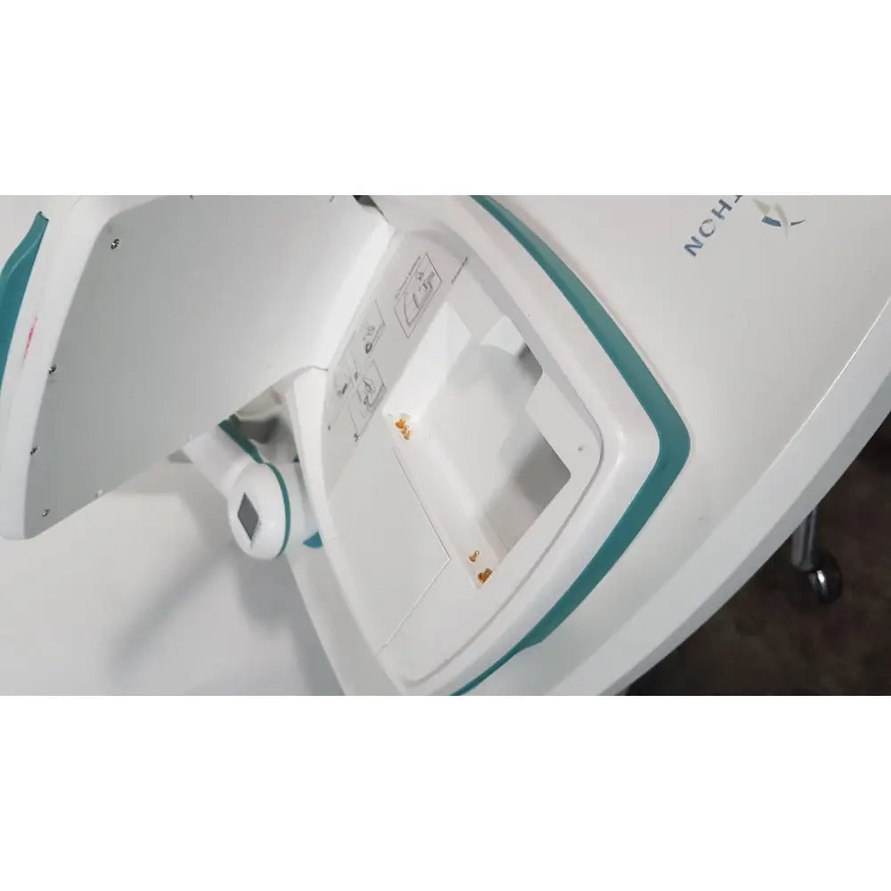 White and teal verathon bvi 9400 bladder scan ultrasound scanner with hinged lid and internal compartments