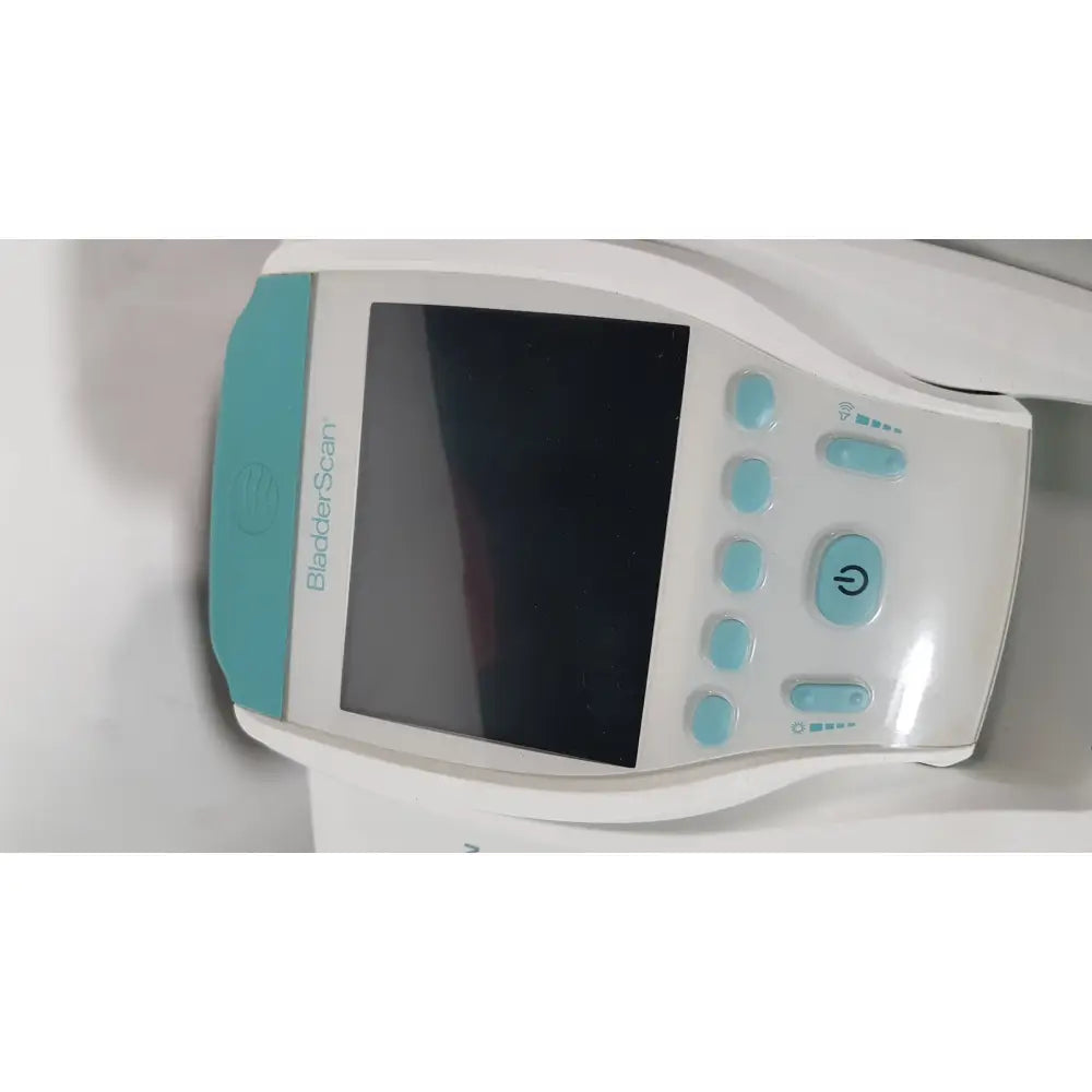 White and teal Verathon BVI 9400 bladder scan ultrasound scanner with touchscreen and multiple control buttons on rolling stand