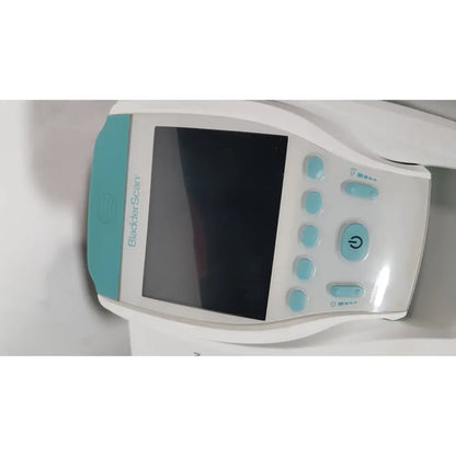 White and teal Verathon BVI 9400 bladder scan ultrasound scanner with touchscreen and multiple control buttons on rolling stand