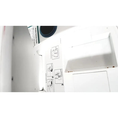 White plastic blade scanner guide with printed assembly instructions and blue circular component on verathon bvi bladder scan ultrasound scanner