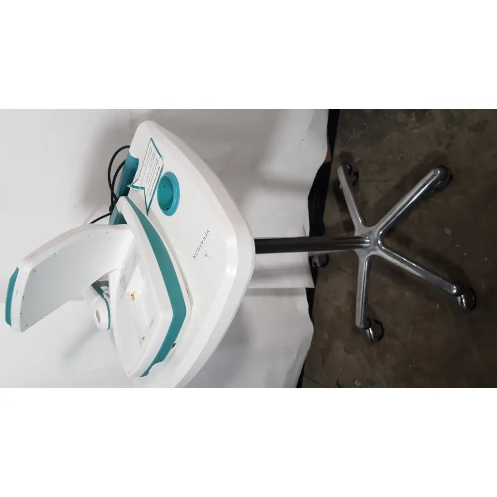 White and teal verathon bvi 9400 medical-grade bladder scan ultrasound scanner with curved display and rolling stand