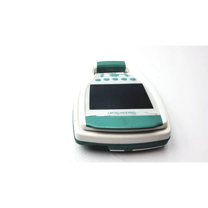 Teal and white handheld verathon bvi 9400 bladder scanner sn-b4010970 with small screen and buttons on front panel