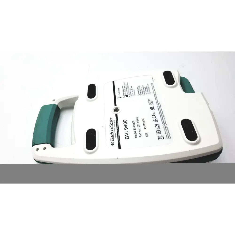 White and teal handheld verathon bvi 9400 bladder scanner sn-b4010970 with black rubberized footpads by Black & Decker