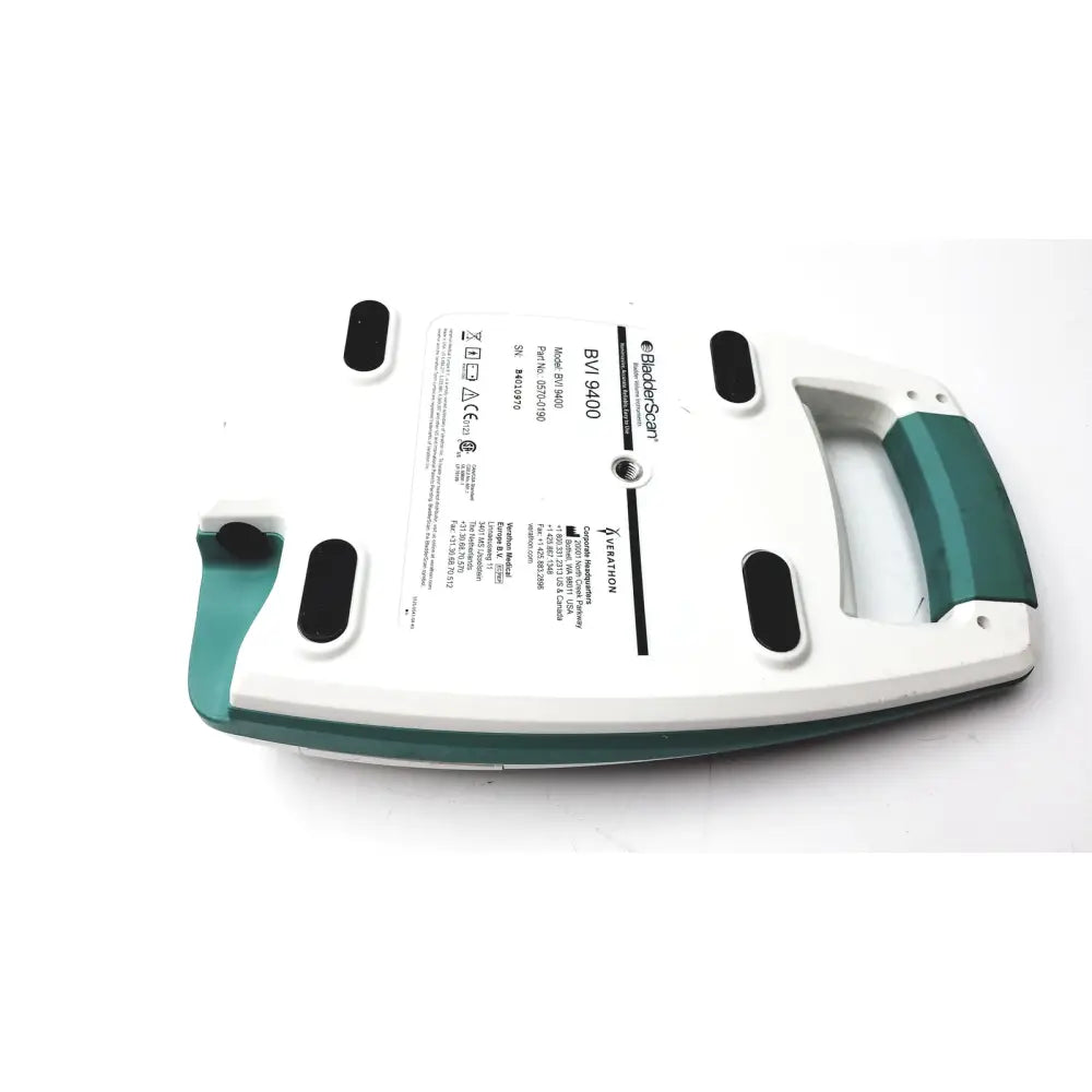 White and teal plastic verathon bvi 9400 bladder scanner base with black rubber feet for bladder scanner sn-b4010970