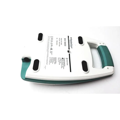 White and teal plastic verathon bvi 9400 bladder scanner base with black rubber feet for bladder scanner sn-b4010970