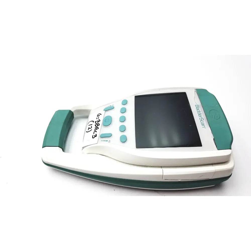 White and teal verathon bvi 9400 bladder scanner handheld device with screen labeled babycare scan model sn-b4010970