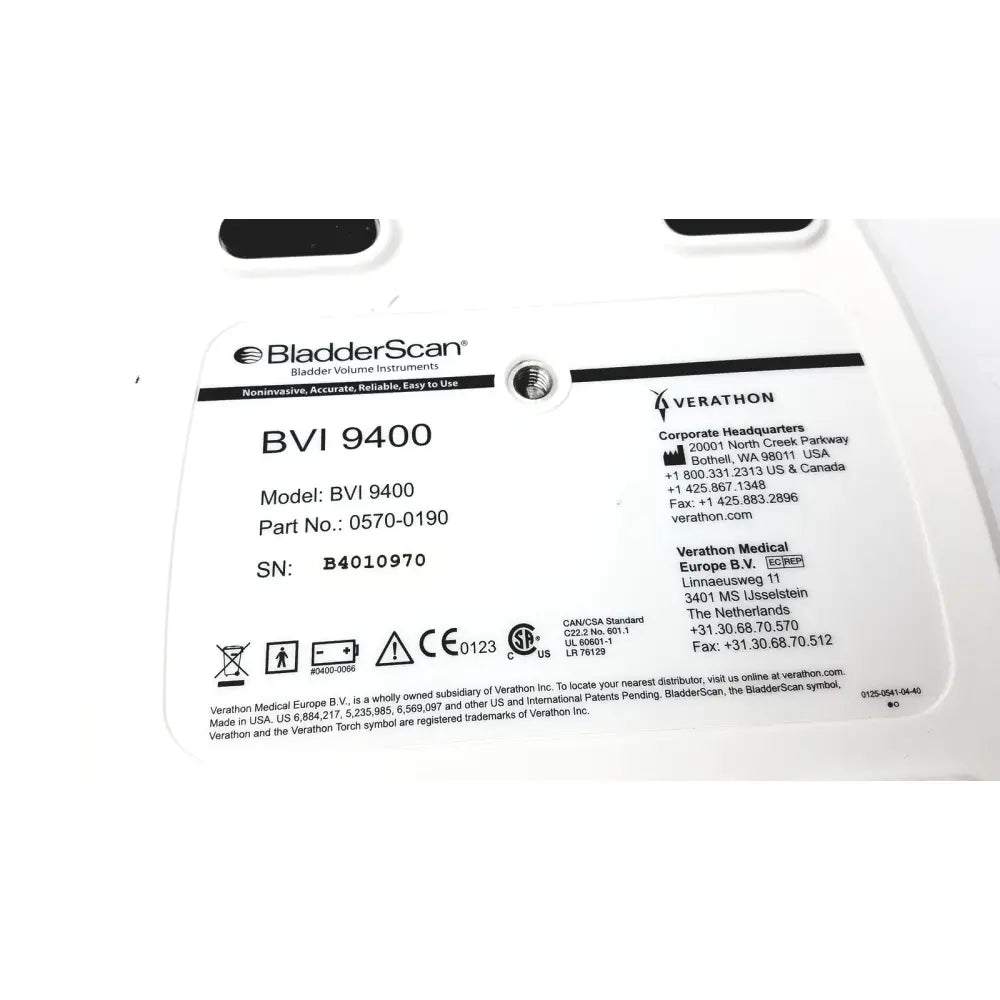 White rectangular label for verathon bvi 9400 bladder scanner sn-b4010970 with black printed text and logos